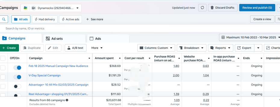 Mockup of Meta Ads Manager dashboard showing campaign performance for Dynamocks