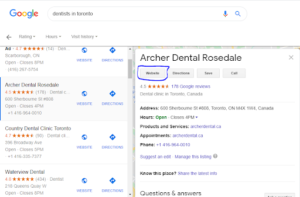 Local pack results for query "Google search "dentists in Toronto""